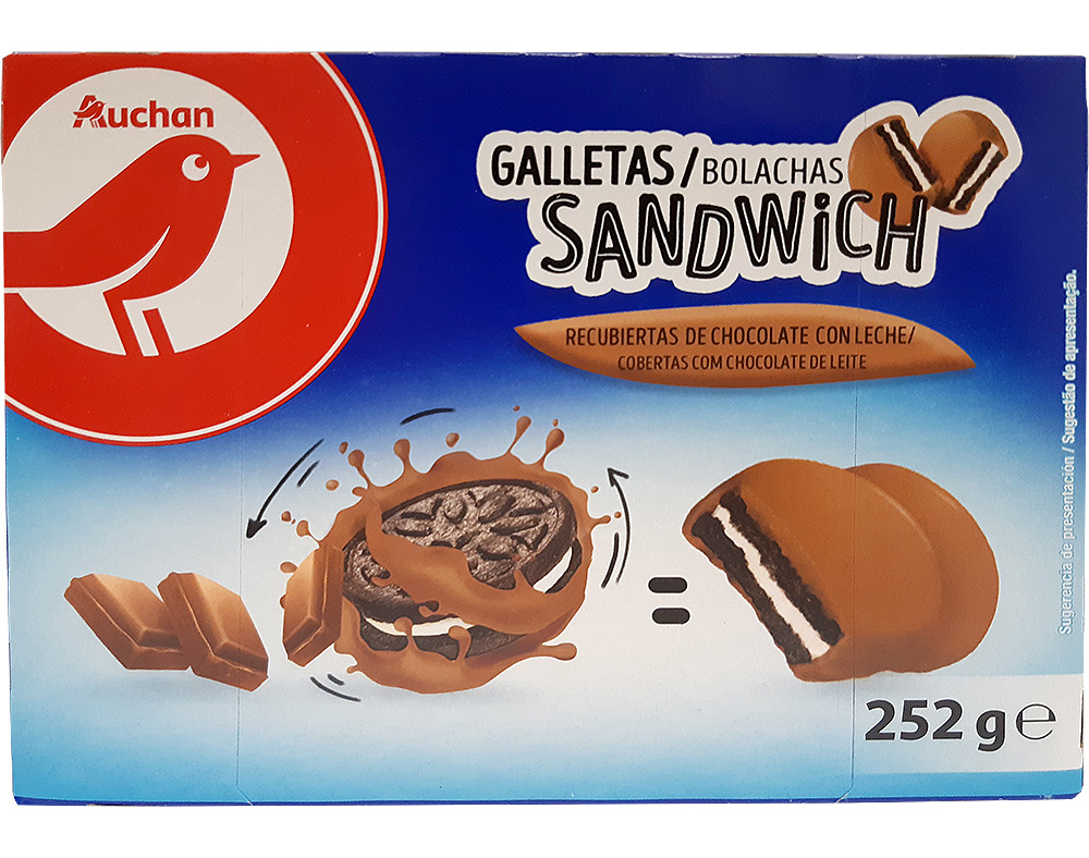 BOLACHA AUCHAN SANDWICH COBERTAS COM CHOCOLATE LEITE 252G