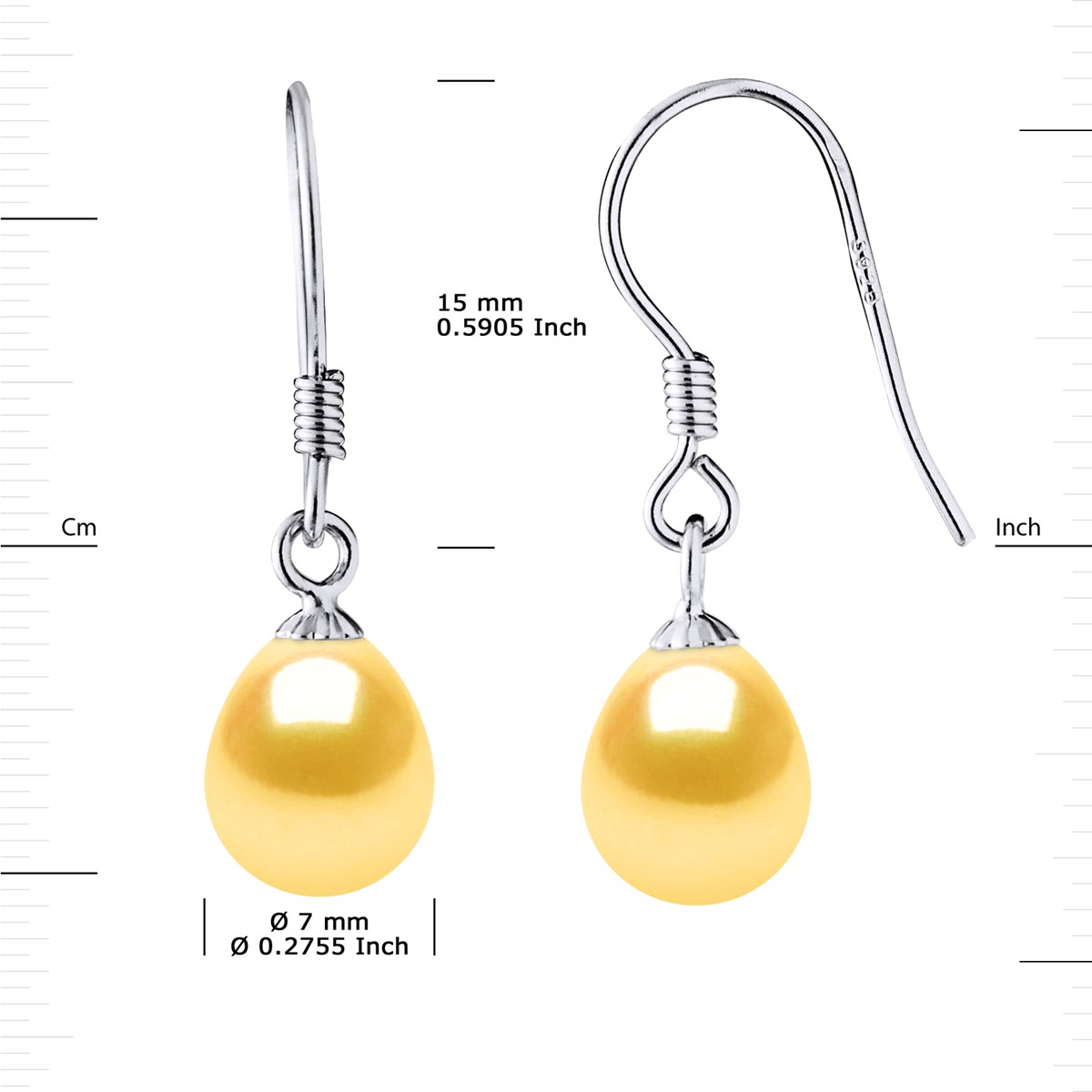 Crochets d'Oreilles Perles d'Eau Douce Poires 7-8 mm Dorées Argent 925