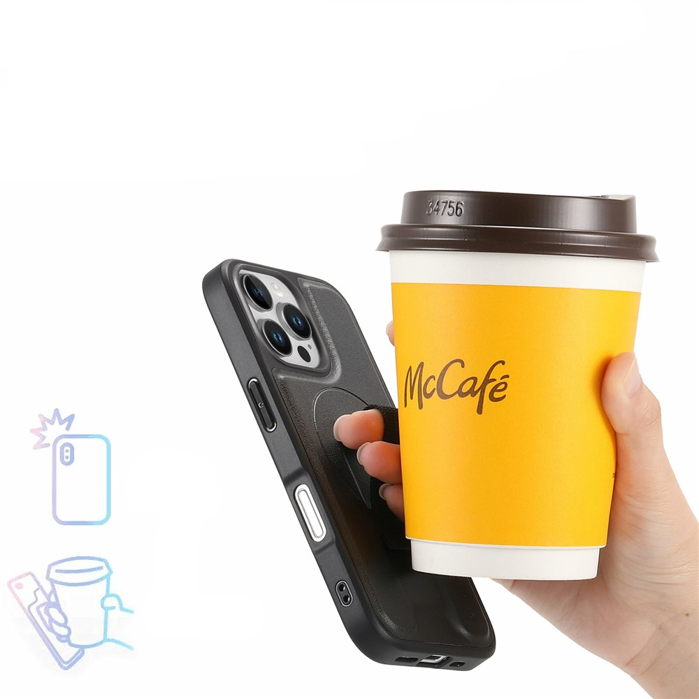 iPhone 16 Pro MagSafe Hybrid Hardcase Hülle mit Leder Rückseite   Finger Griff Halterung - Schwarz