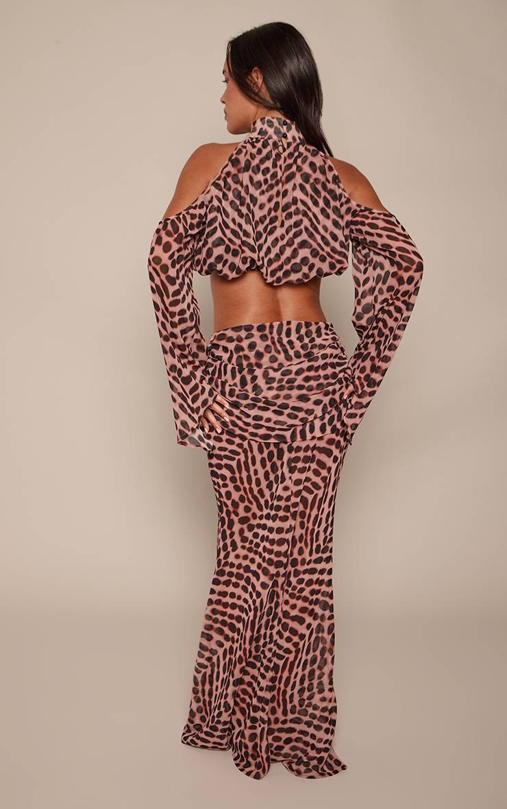 Marron Jupe Longue Coordonnée Taille Drapée Imprimé Abstrait En Mousseline