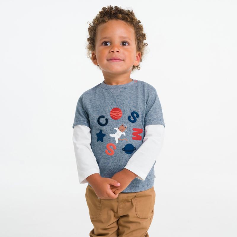 T-shirt effet 2 en 1 rayé chat astronaute bleu bébé garçon Bleu