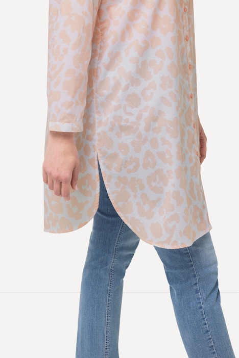 Longbluse, Leomuster, A-Linie, Hemdkragen, Langarm