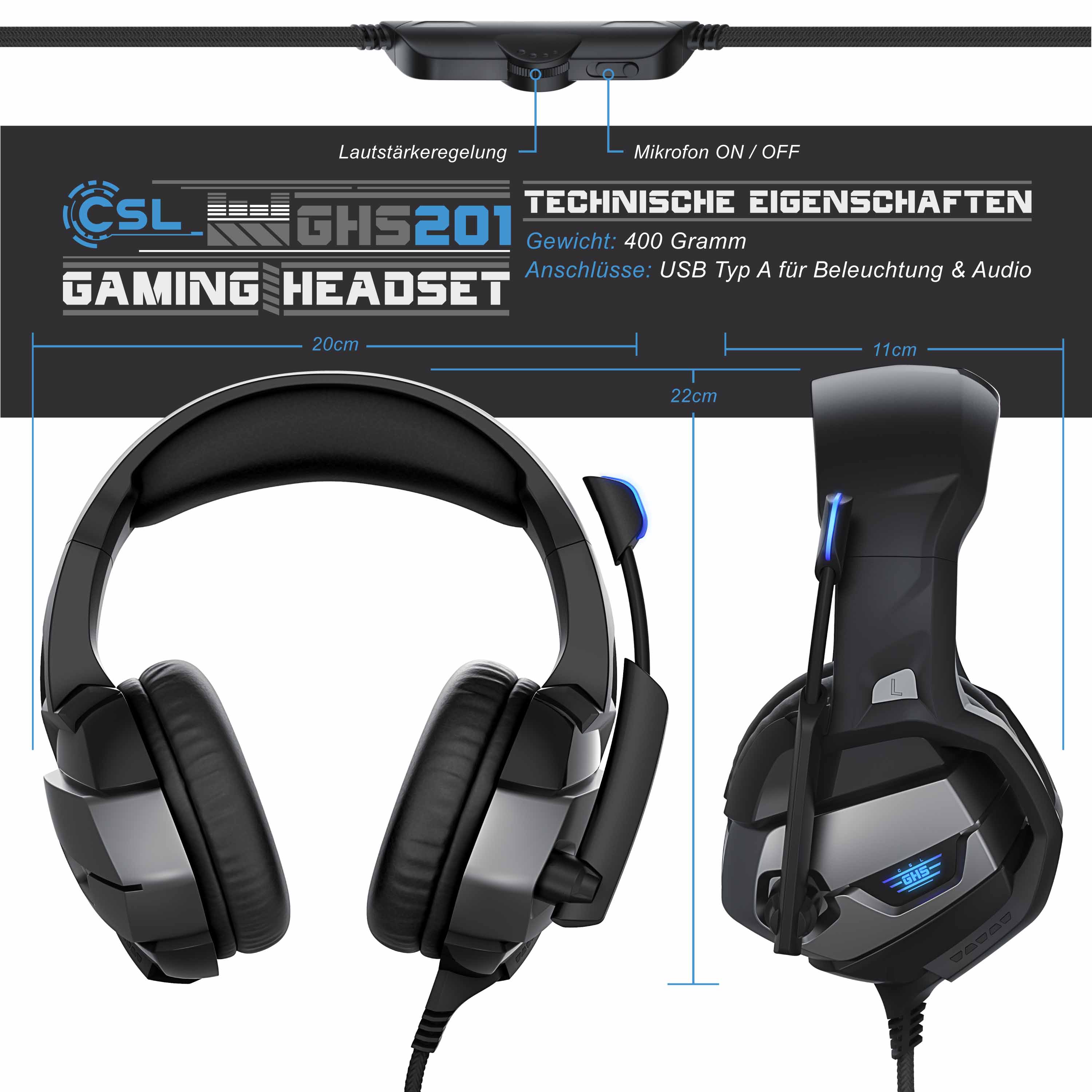 CSL USB Gaming Headset GHS - 201 mit Mikrofon Kopfhörer für Windows, Mac, PS3, PS4, PS4 Pro
