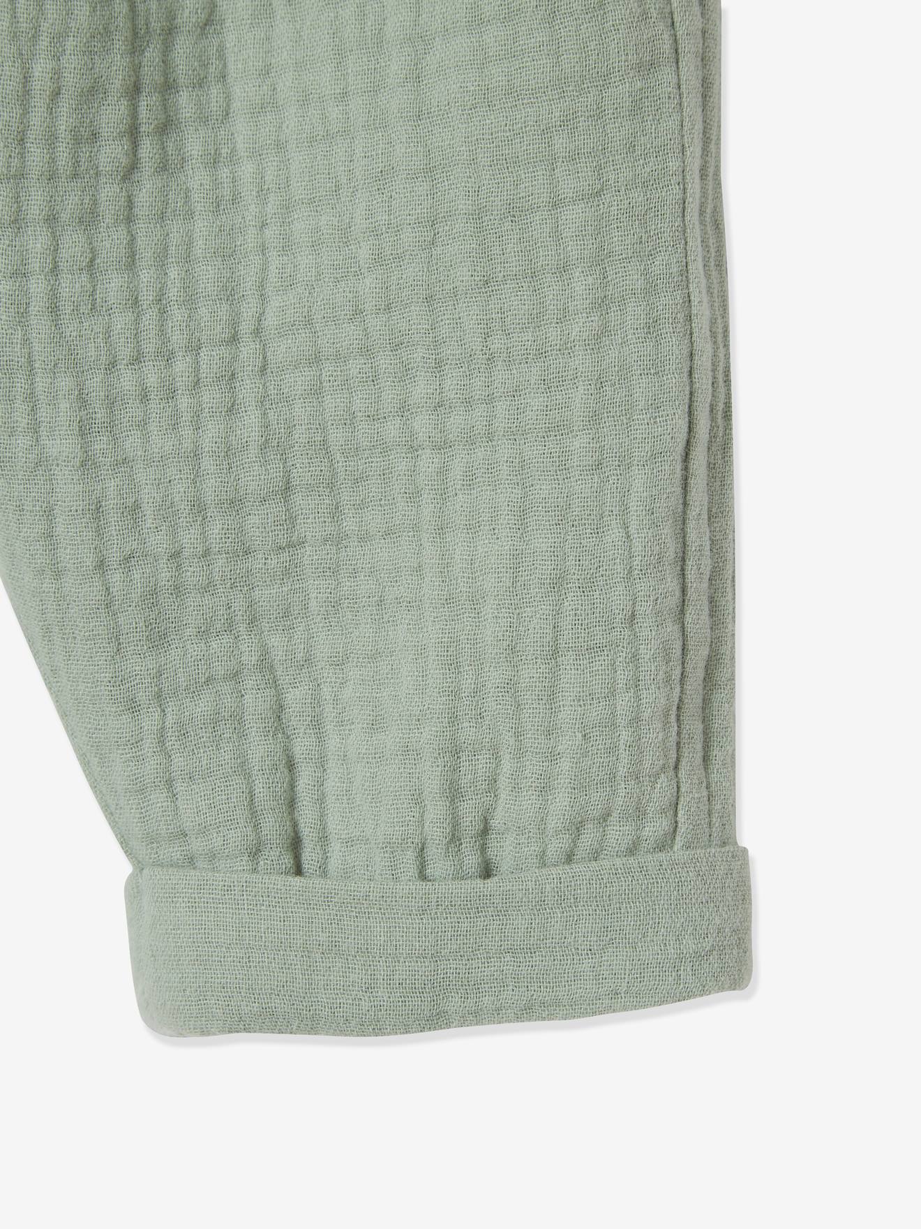 Calças harém lisas em chiffon de algodão verde claro
