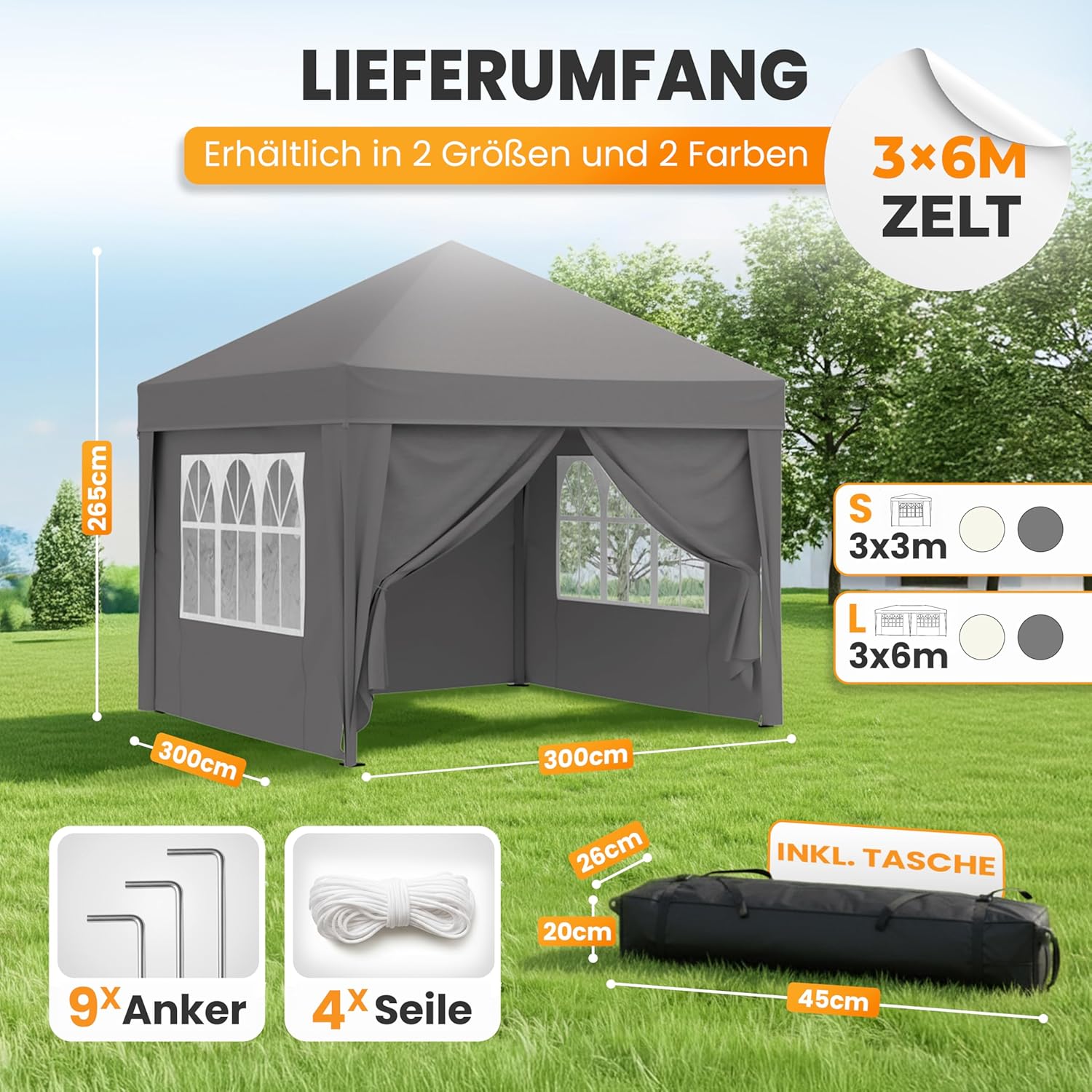 Pavillon 3x3 Wasserdicht Stabil Winterfest und UV 50+ Schutz - Faltpavillon mit Seitenwänden - Pop Up Zelt für Garten, Camping, Märkte - Gartenpavillon (Grau, 3x3m)