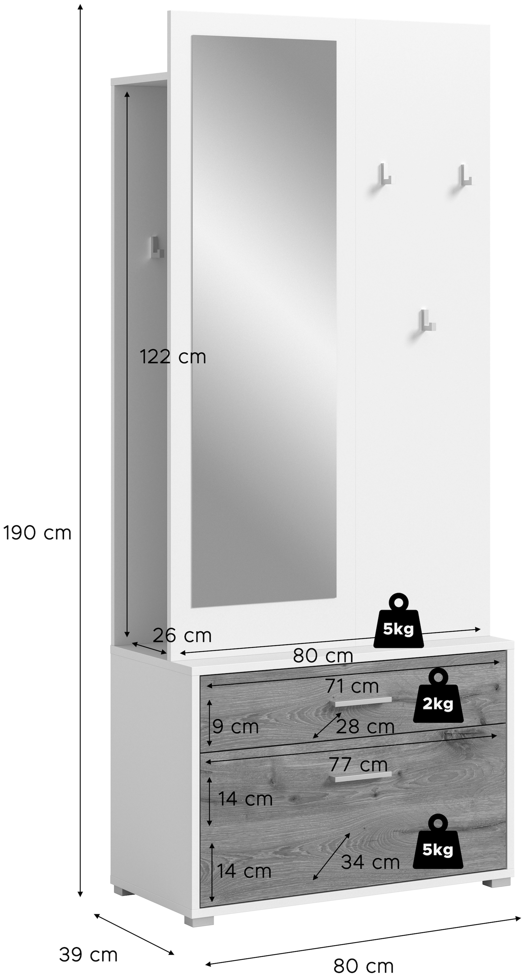 INOSIGN Kompaktgarderobe »Morrea, Höhe 190 cm, 1 Schubkästen, 6 Haken, 1 Kleiderstange, 7 Fächer« 1 Stk. tlg. schmale Garaderobe, Stauraum, Flur, Diele