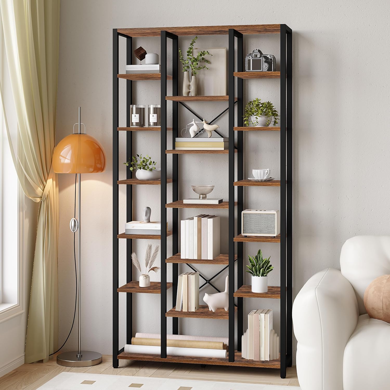 Hzuaneri Bücherregal, Standregal mit 7 Ebenen 18 Ablagen, Verstellbare offene Ablagen, für Wohnzimmer, Büro, Schlafzimmer, 30 x 100 x 202 cm, Vintagebraun-Schwarz, BC15601B HK1496340