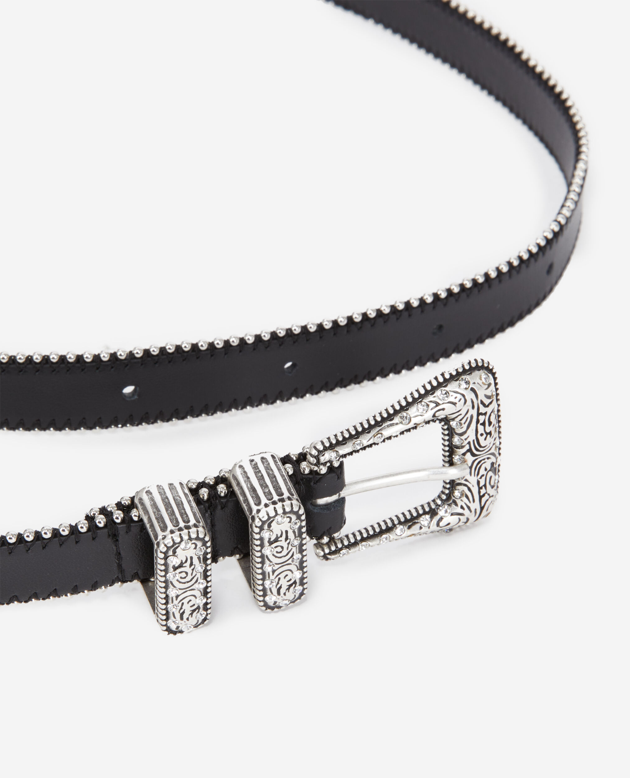 Ceinture en cuir noir bordée de billes avec boucle Western à strass