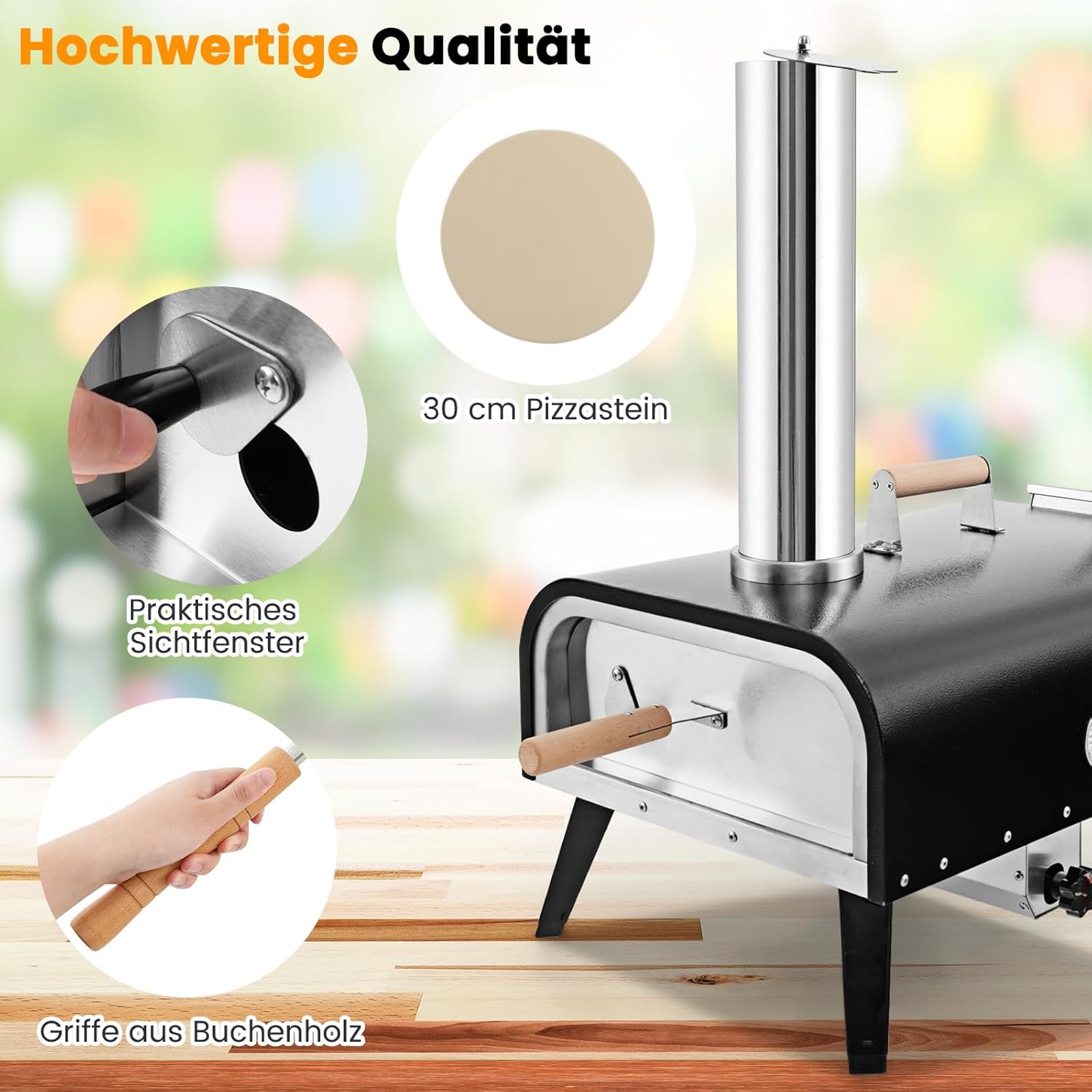 COSTWAY Outdoor Pizzaofen, tragbarer Pizza Ofen aus Edelstahl mit Pizzastein, Pizzaschaufel, Thermometer, klappbaren Beinen & Tragetasche, für Picknick, Party, Camping