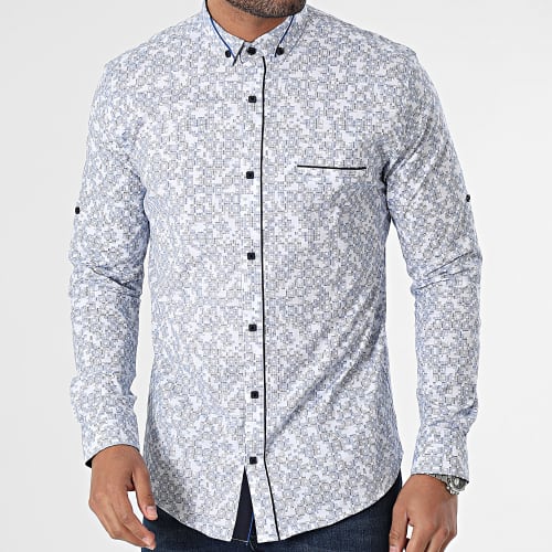 Chemise Manches Longues Blanc Bleu Roi Noir