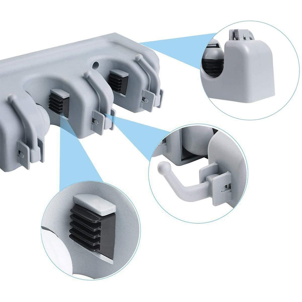 Wand Halterung Stauraum Organizer für Besen / Werkzeug / Mopp mit 4 Schnellspanner   5 Haken - Grau