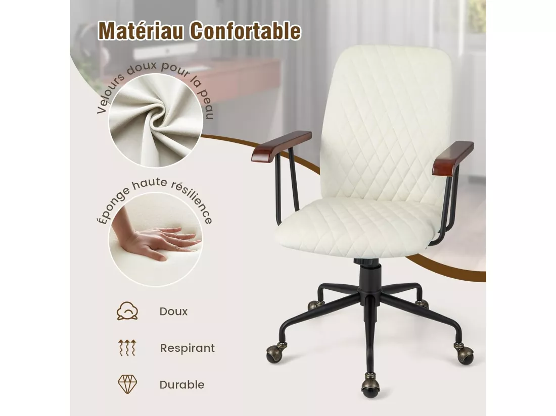 Fauteuil de Bureau à Roulette en Velours, Chaise Pivotante Réglable,Style Vintage Elégant,Accoudoirs en Bois de Caoutchouc (Beige)