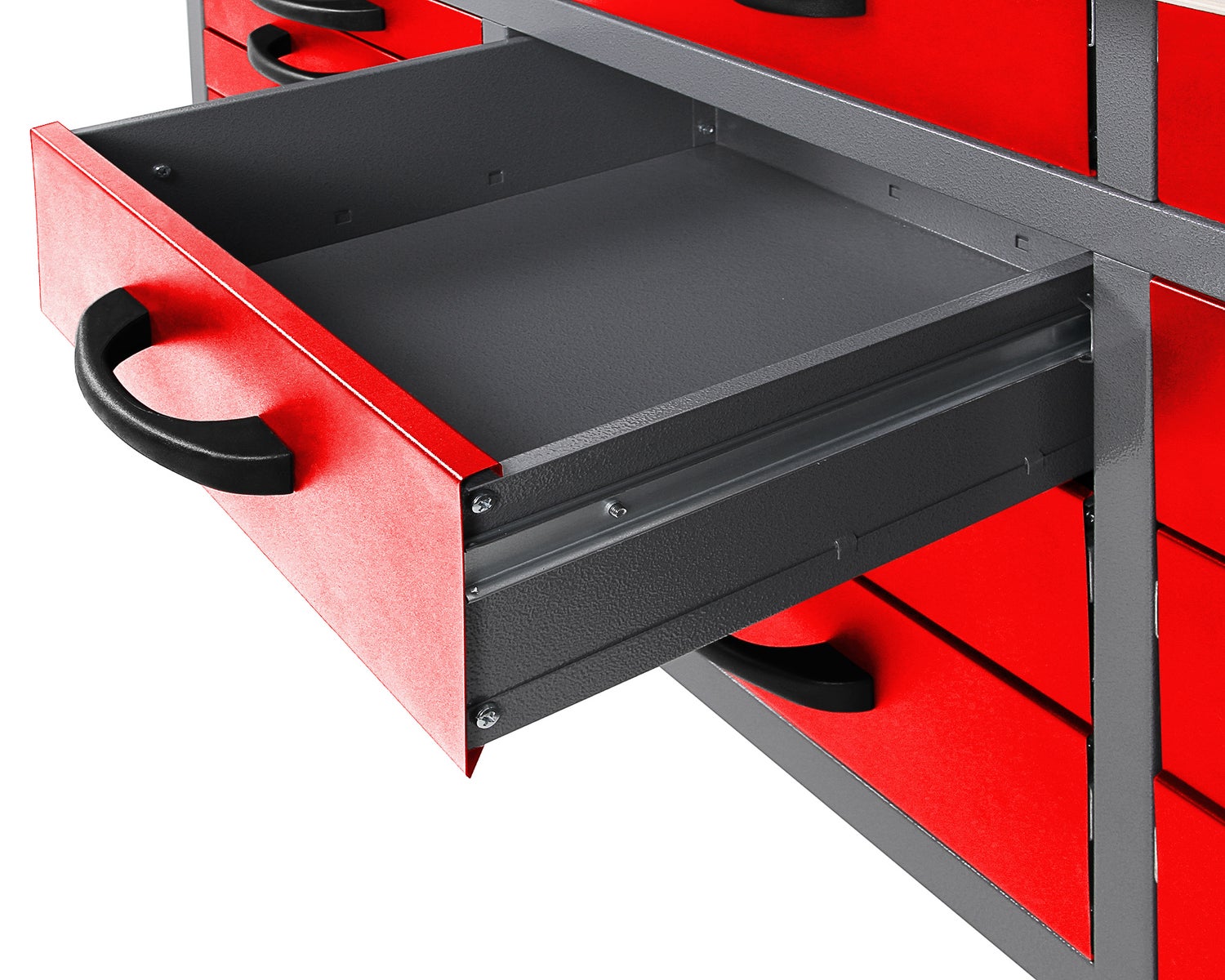 Ondis24 Konny werkbank, 160 cm, rood, 15 laden, werkplaatsuitrusting