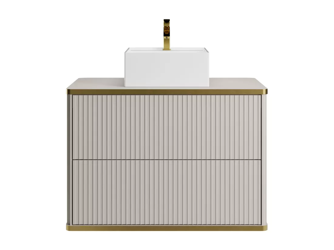 Meuble de salle de bain suspendu strié liseré doré avec vasque à poser carrée - Beige - 80 cm - KELIZA