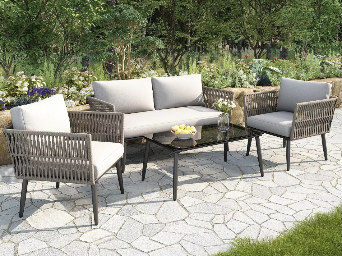 Salon de jardin, ensemble de meubles de jardin, 4 places, canapé, 2 fauteuils et table basse, extérieur, corde PE tressée, acier galvanisé, gris