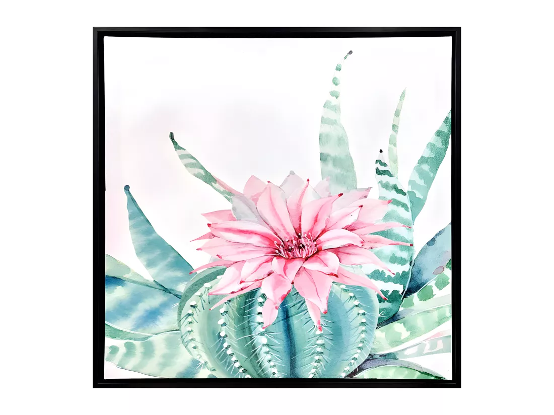 Tableau dessin fleur rose sur cadre en bois noir 40x40 cm - FLOWER