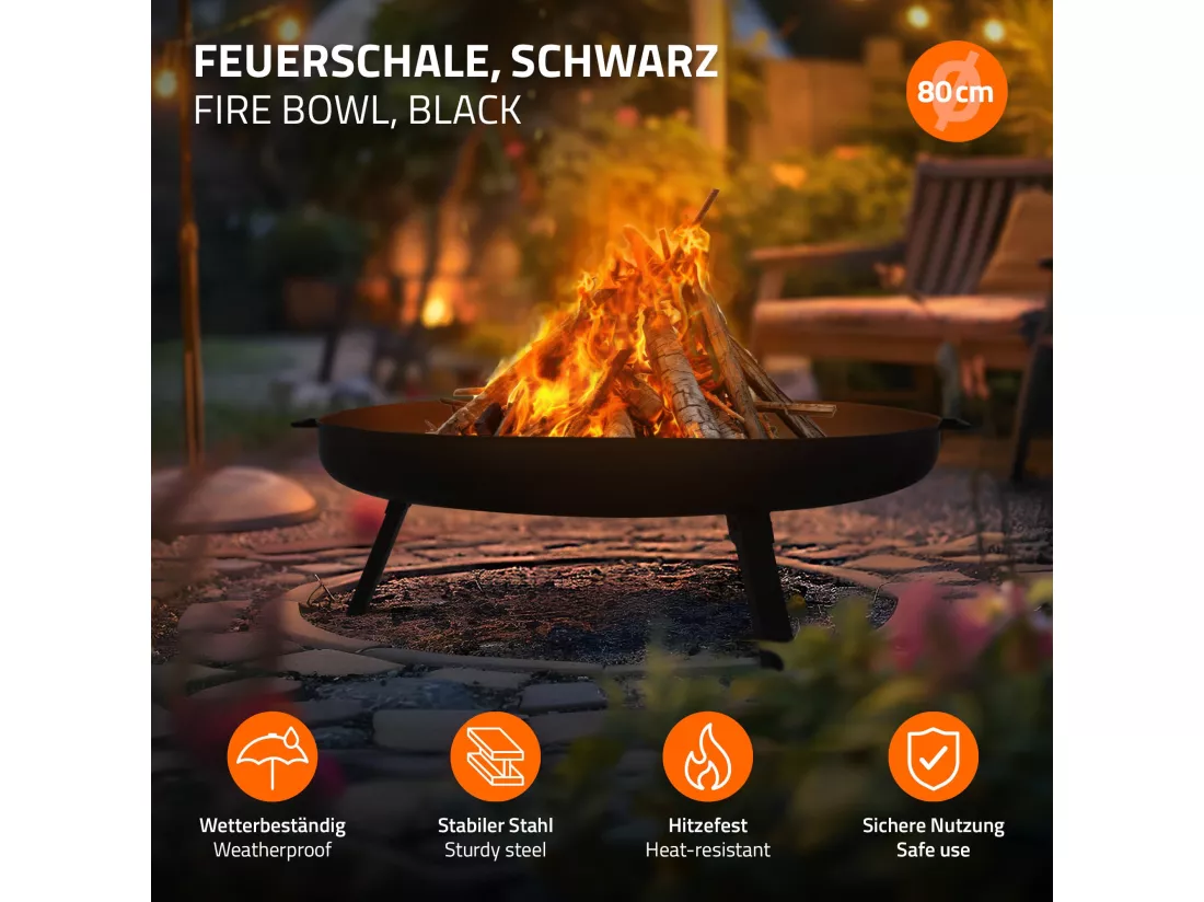 Bol à feu basero acier noir avec 3 pieds pliables foyer grille barbecue Ø80x29cm
