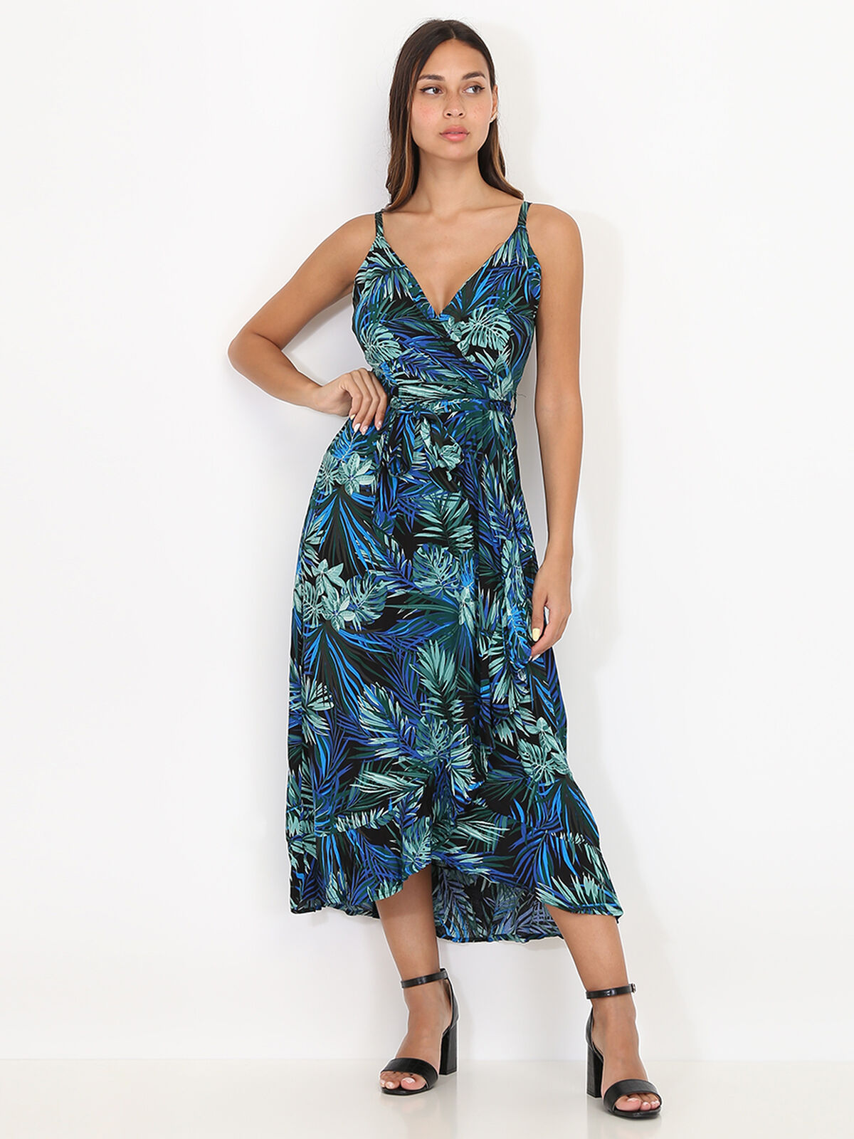 Robe à volants et feuilles tropicales- noir_bleu