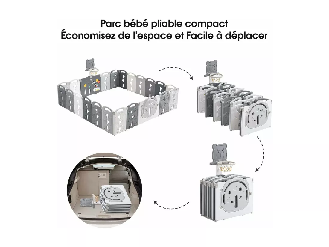 Yoleo Grand Parc Bébé Pliable gris, 20+2 panneaux modulable plastique écologique, avec Panier de Basket, 230x230x60cm