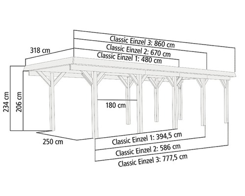 Enkele carport Karibu Dahnen 2 variant C 318x670 cm drukgeïmpregneerd