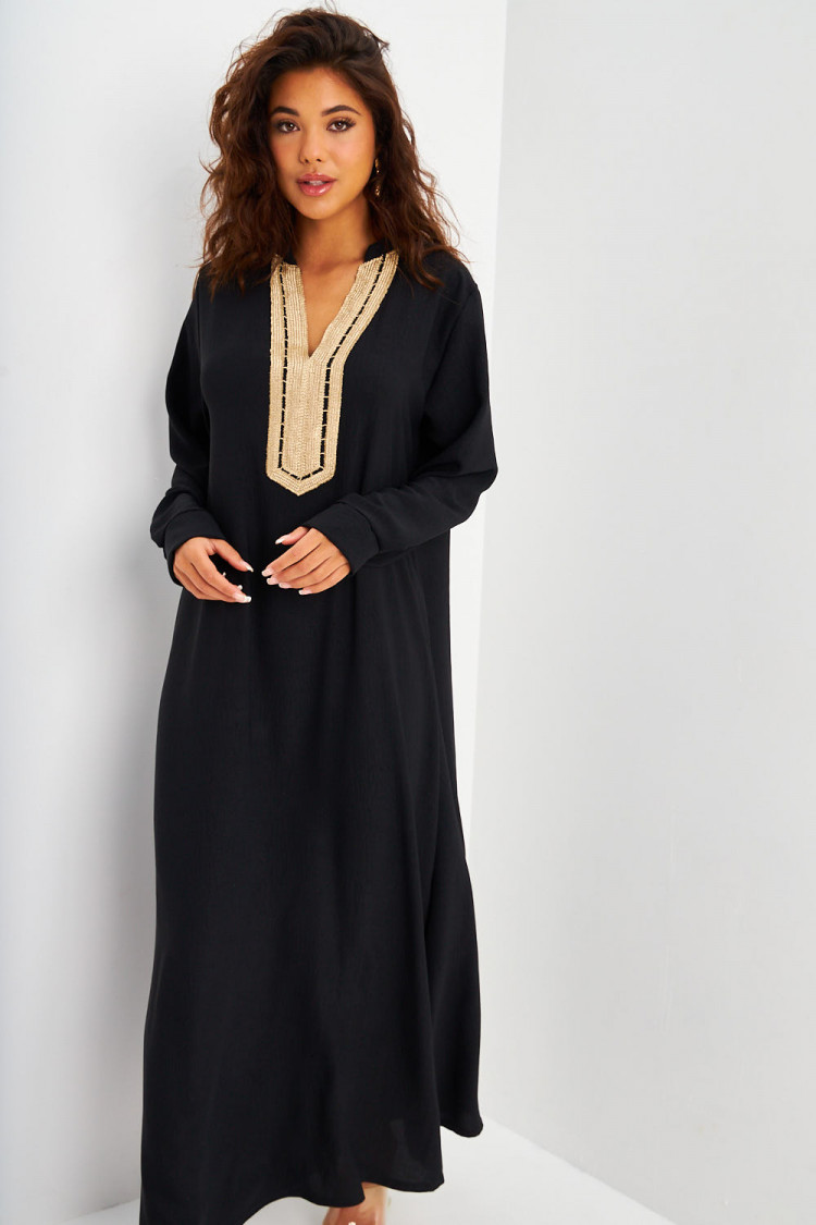 ABAYA noire décolleté V broderie dorée