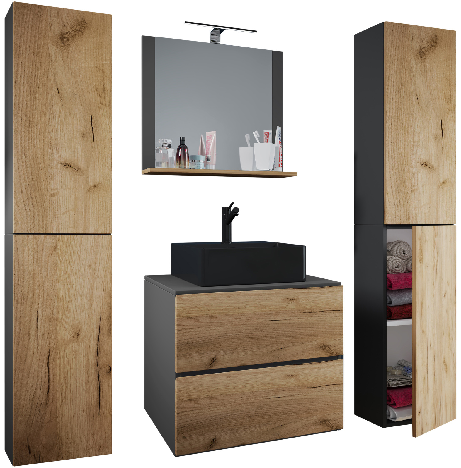 5-tlg. Badmöbel-Set LENDAS BL XL - anthrazit-Honig Eiche - mit Spiegel