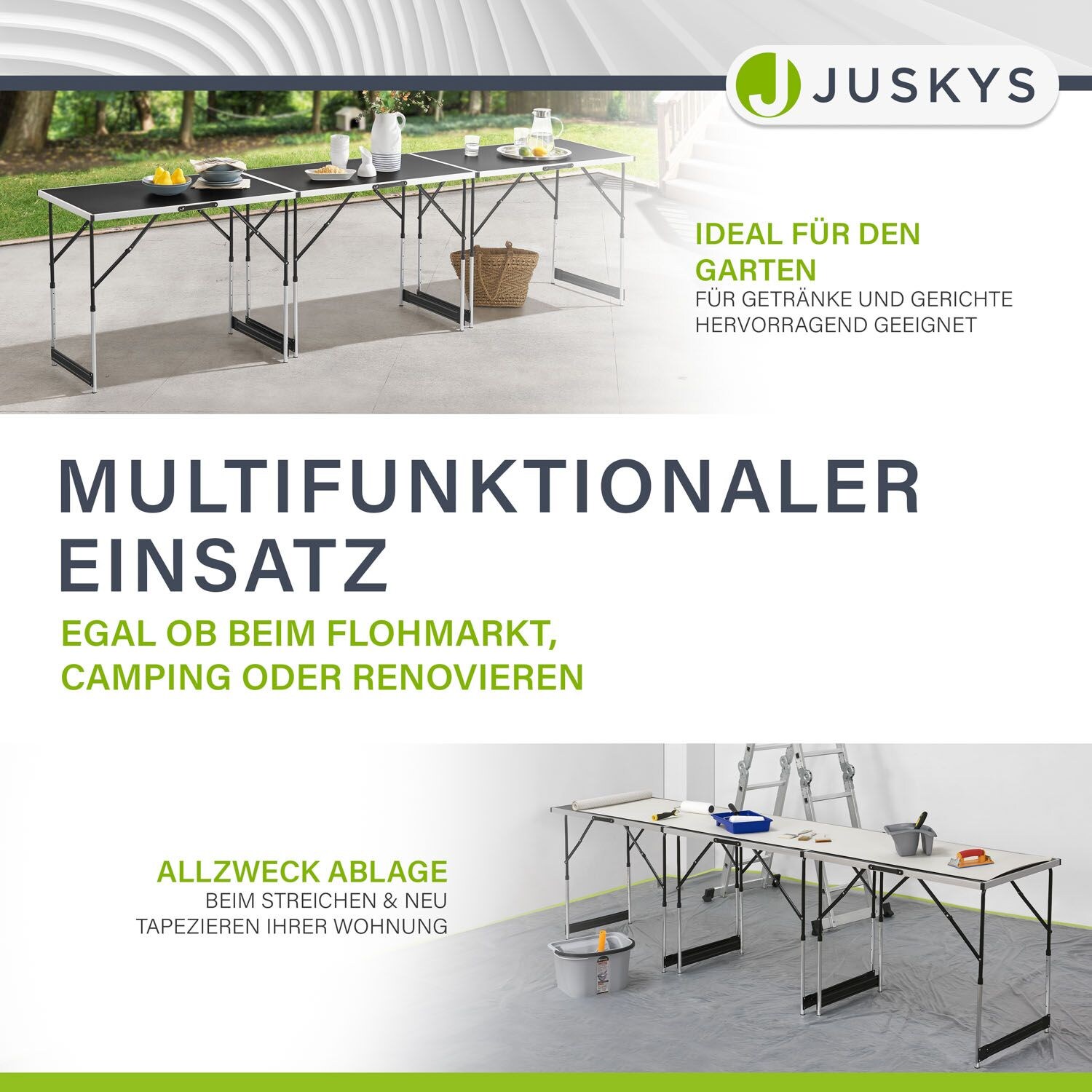 Juskys Multifunktionstisch 3 teilig klappbar - Alu Klapptisch 100x60 cm Campingtisch - Tisch Schwarz