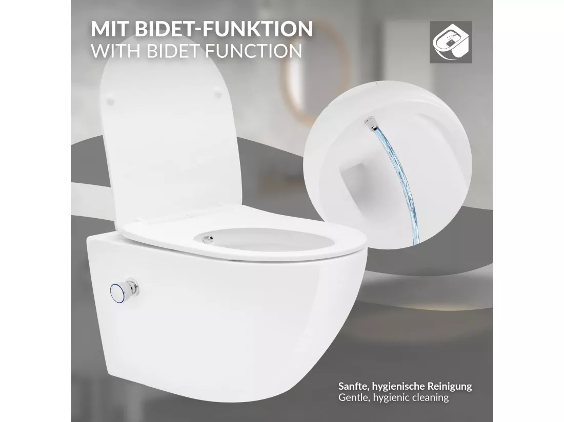 Toilette suspendu sans rebord blanc WC Soft Close fonction bidet salle de bain