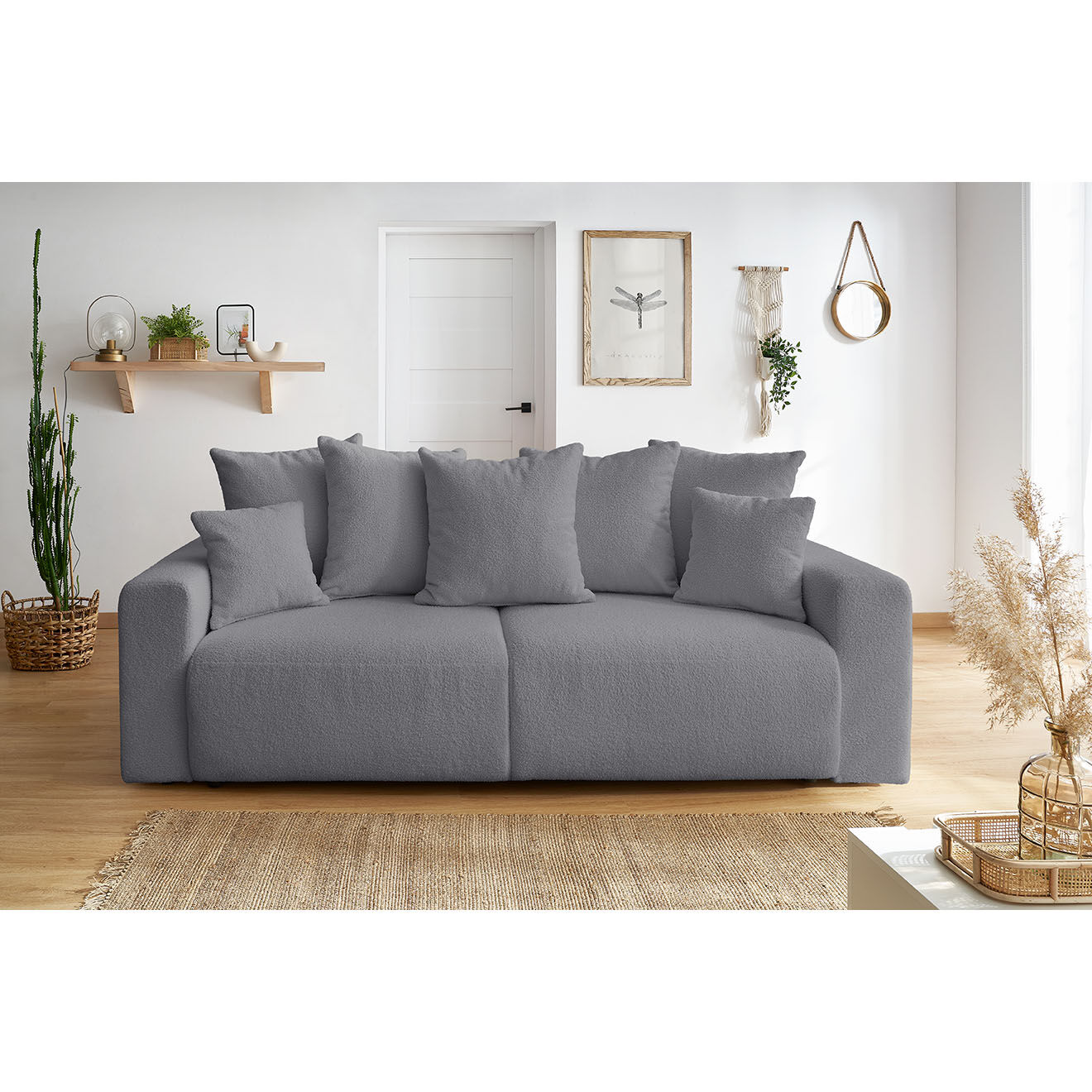 Bobochic Canapé 3 places convertible velours bouclette Envy gris foncé - 245x102x88 cm