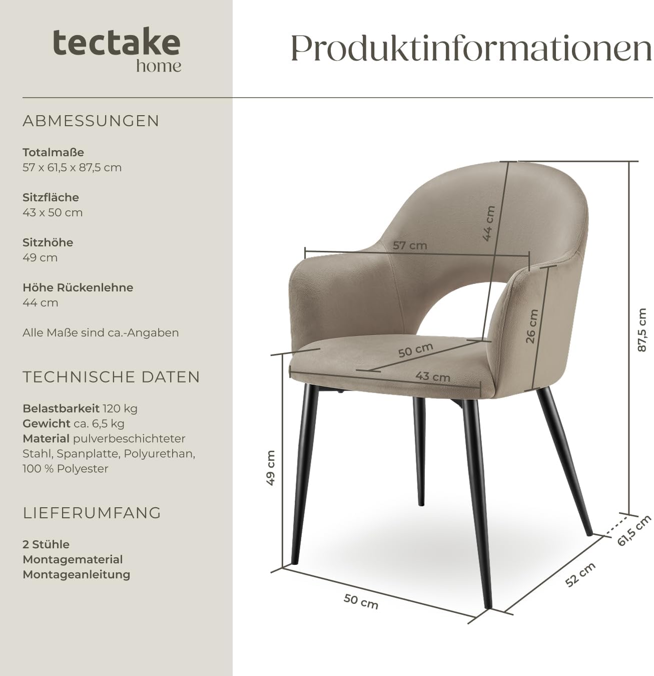 tectake® 2er Set Armlehnstuhl in Samtoptik, gepolsterte Esszimmerstühle, bis 120 kg belastbar, Stühle Esszimmer mit komfortabler Polsterung, Küchenstuhl, Esszimmerstuhl mit Stahlbeinen - Taupe