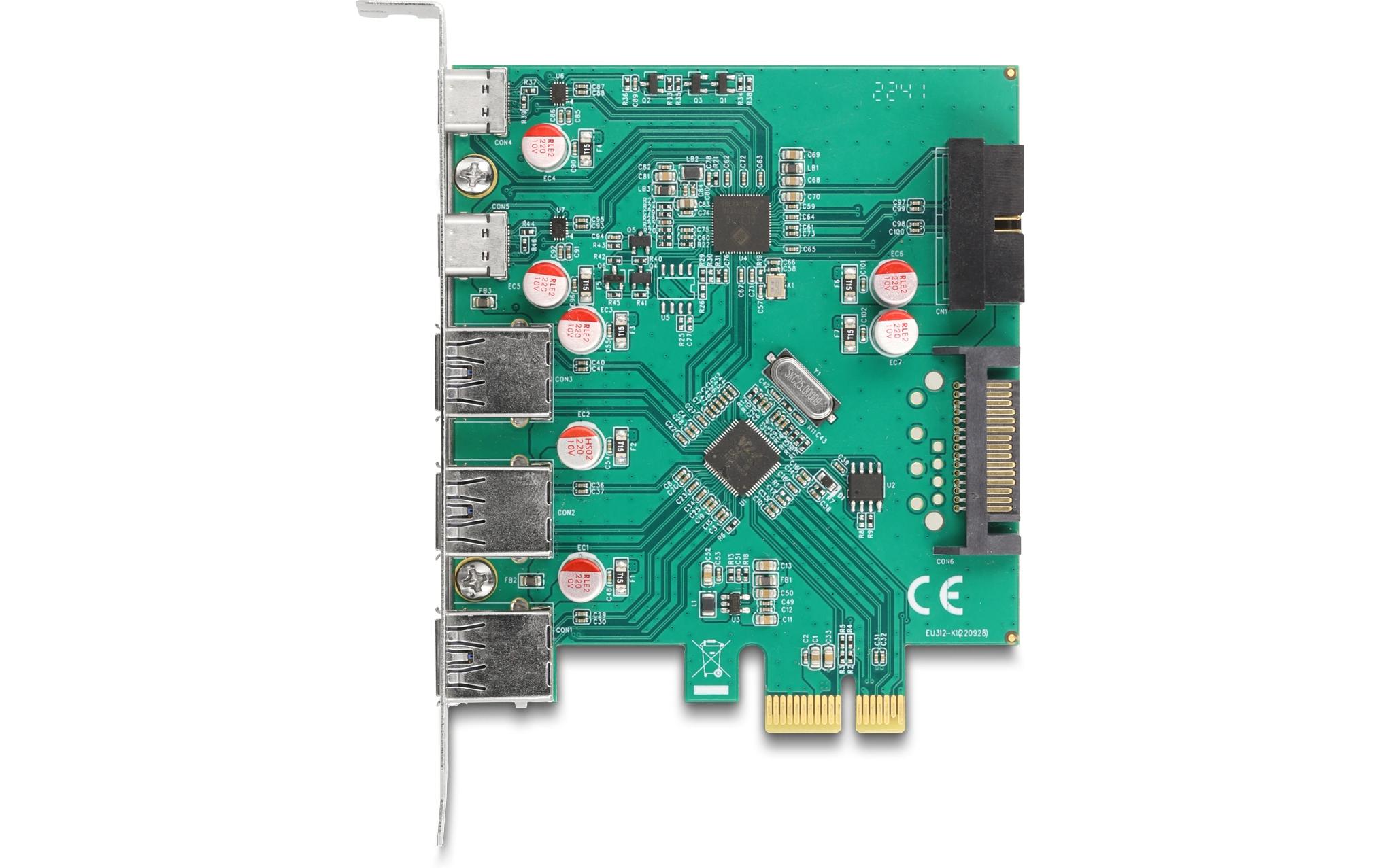 PCI-Express-Karte 3x USB-A 3.0 / 2x USB-C 3.0PCIe-Schnittstellenkarte mit drei USB 3.0 A und zwei USB 3.0 C-Buchsen
