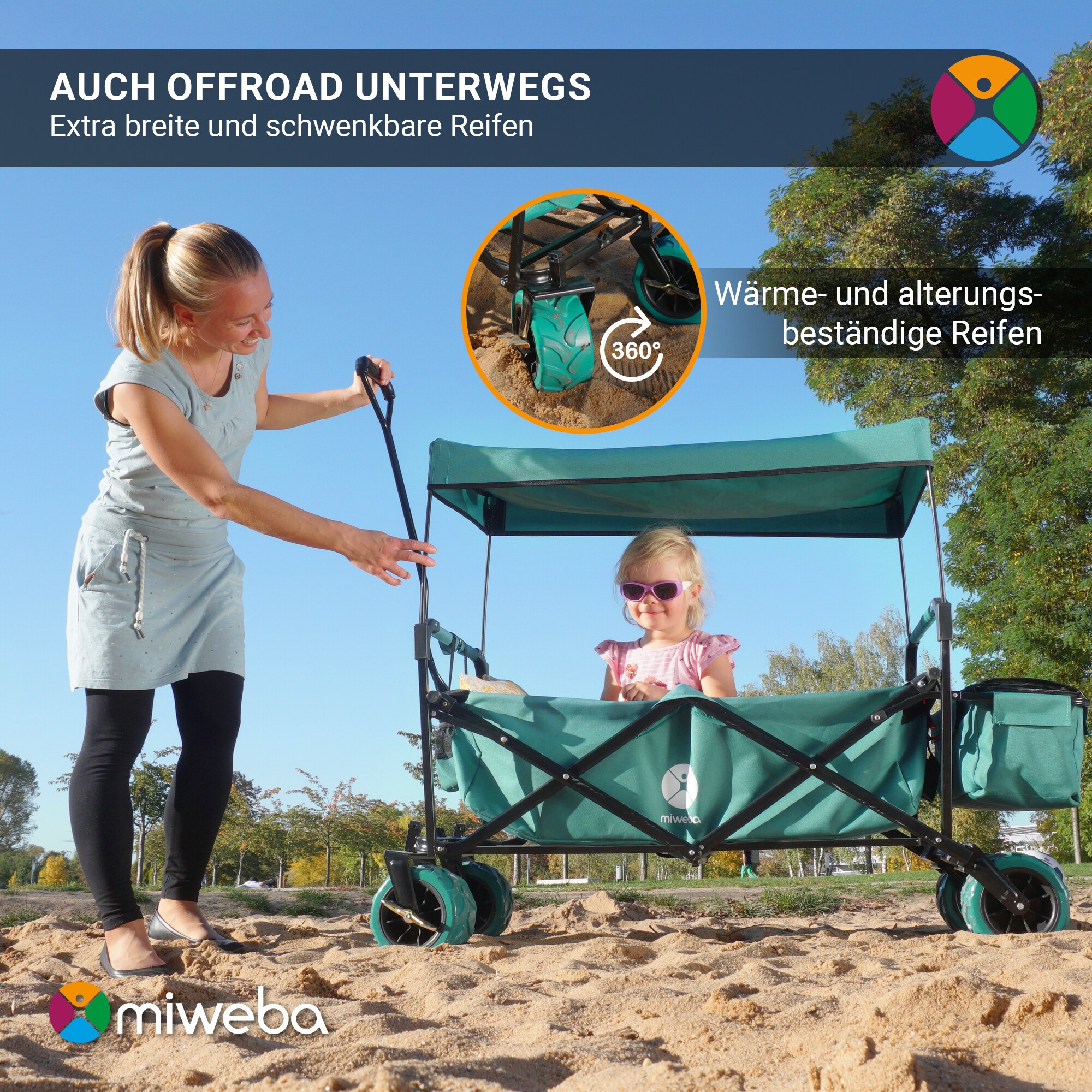 Miweba Bollerwagen MB-10, faltbar, Bremse, abnehmbares Dach, PU-Breitreifen, Transporttasche, 100 kg (Grau)