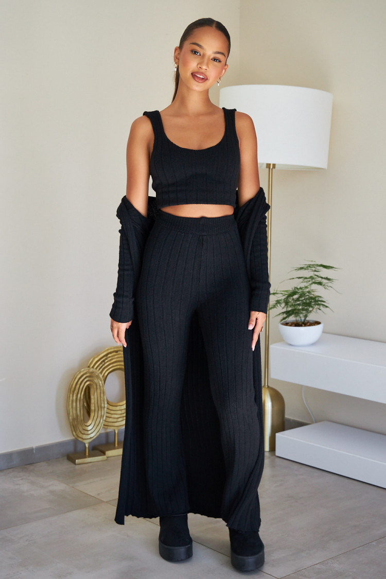 Ensemble 3 pièces gilet + top + pantalon noir côtelé