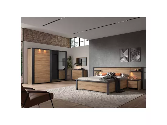 Chambre complète 140X190 Chêne naturel/Noir - ZEUS