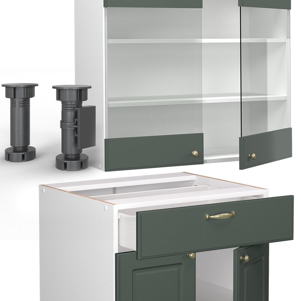 Vicco Küchenzeile Küchenblock Einbauküche Fame-Line Landhaus Weiß Grün 235 cm Gold Küchen Schränke Hängeglasschrank Hängeschrank Schubladenunterschrank Spülenunterschrank Herdumbauschrank