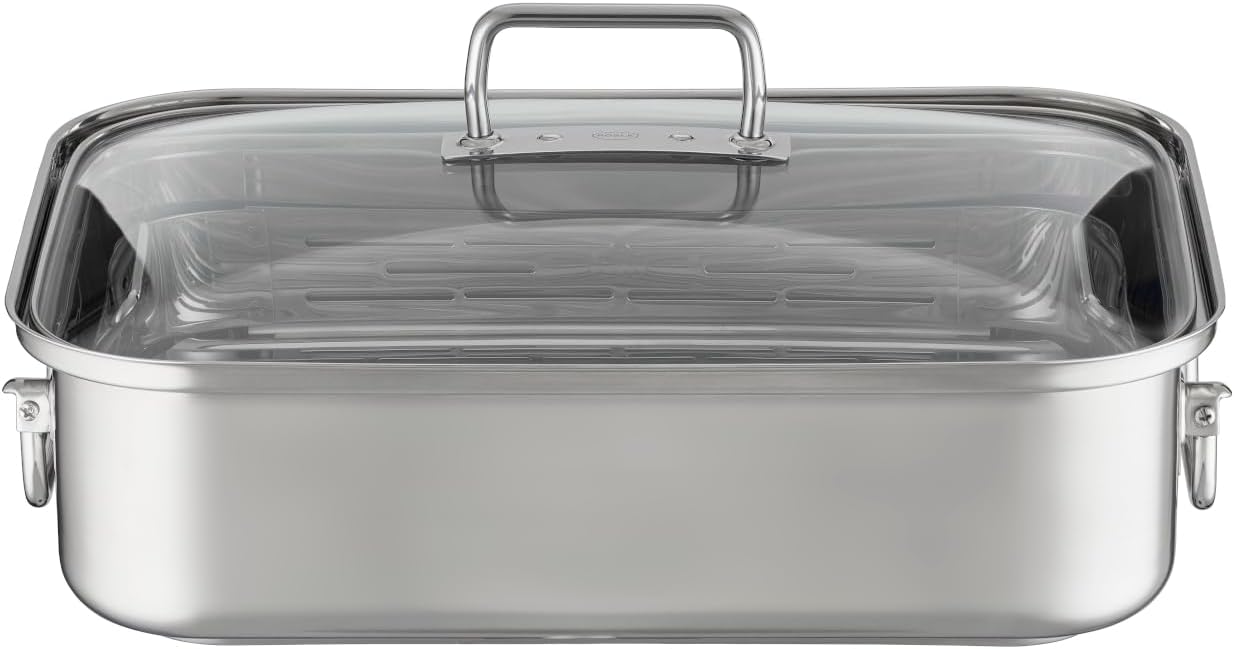 RÖSLE EXPERTISO Bräter rechteckig, Hochwertiger Bräter mit Glasdeckel, Edelstahl 18/10, backofengeeignet, induktionsgeeignet, spülmaschinengeeignet,Silberfarben, 38 x 28 cm