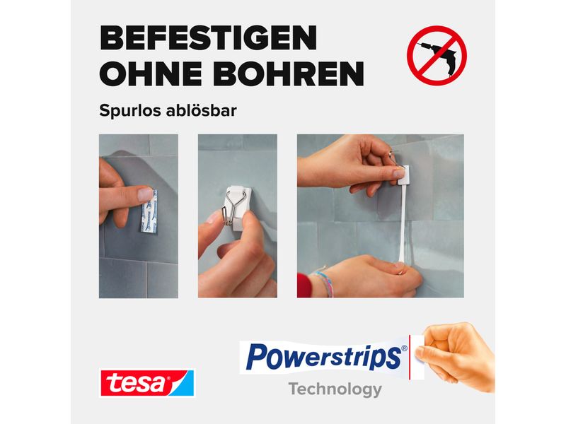 tesa Klebehaken Powerstrips Haken Small Weiss, 1 kg Haltekr Selbstklebende Haken mit abnehmbarem Drahthaken – wiederverwendbar – Montage ohne Bohren