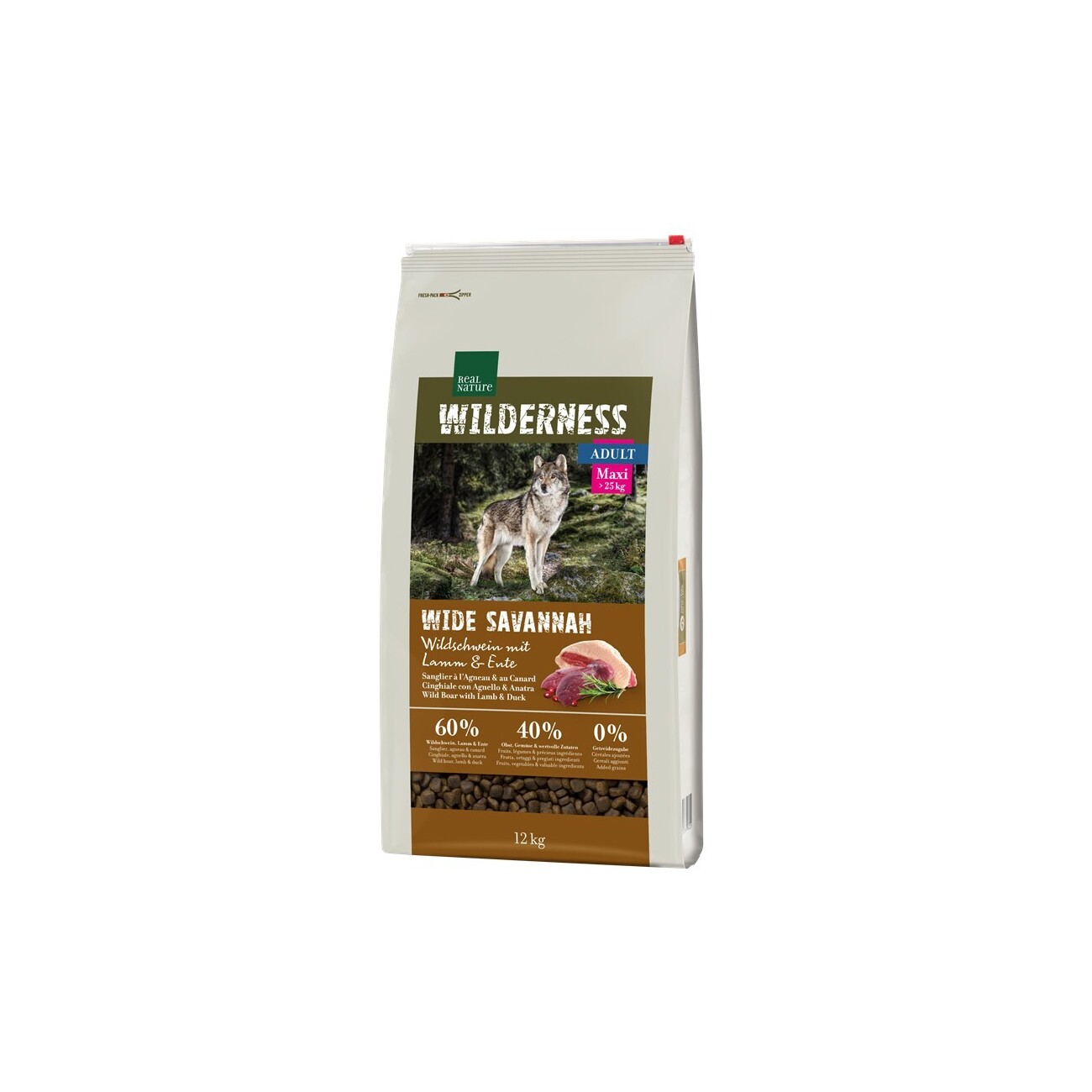 REAL NATURE WILDERNESS Trockenfutter Hund, Adult, Maxi, Wide Savannah mit Wildschwein, Lamm und Ente 12 kg
