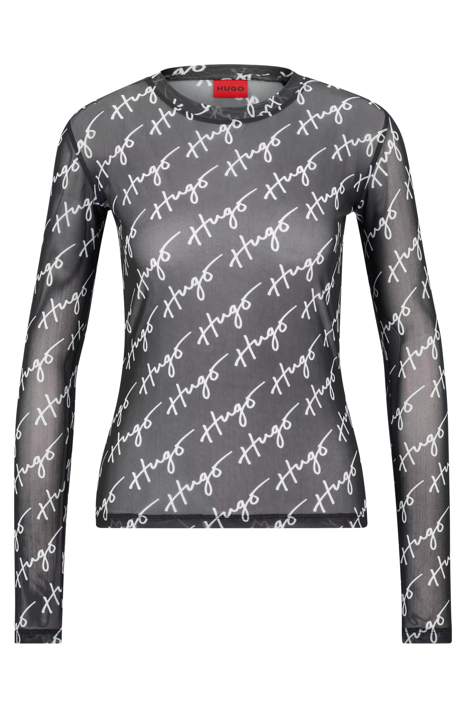 Blusa HUGO vermelha de manga comprida em malha elástica com logotipos manuscritos.