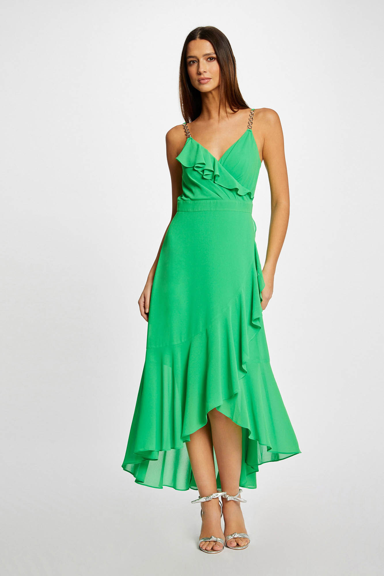 Vestido longo evasê com babados - Verde