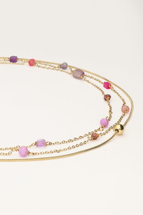 Driedubbele ketting met roze en paarse kraaltjes