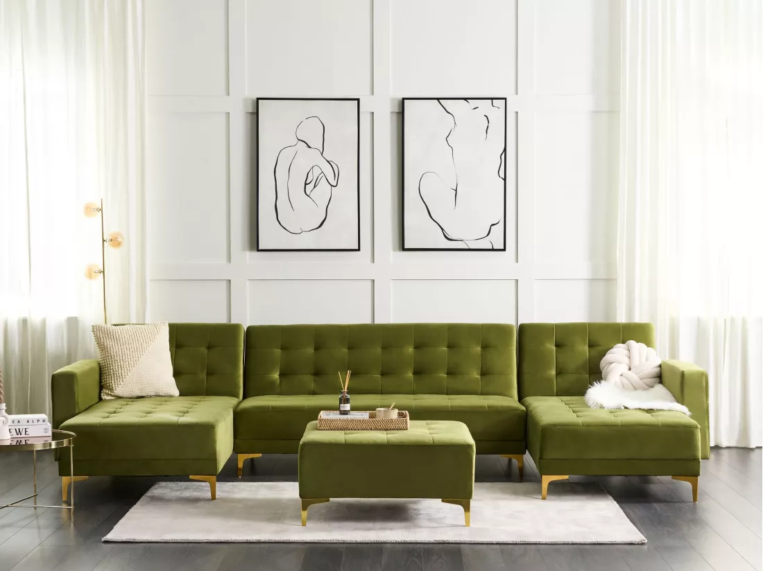 Canapé modulable 5 places en forme de U velours vert ABERDEEN