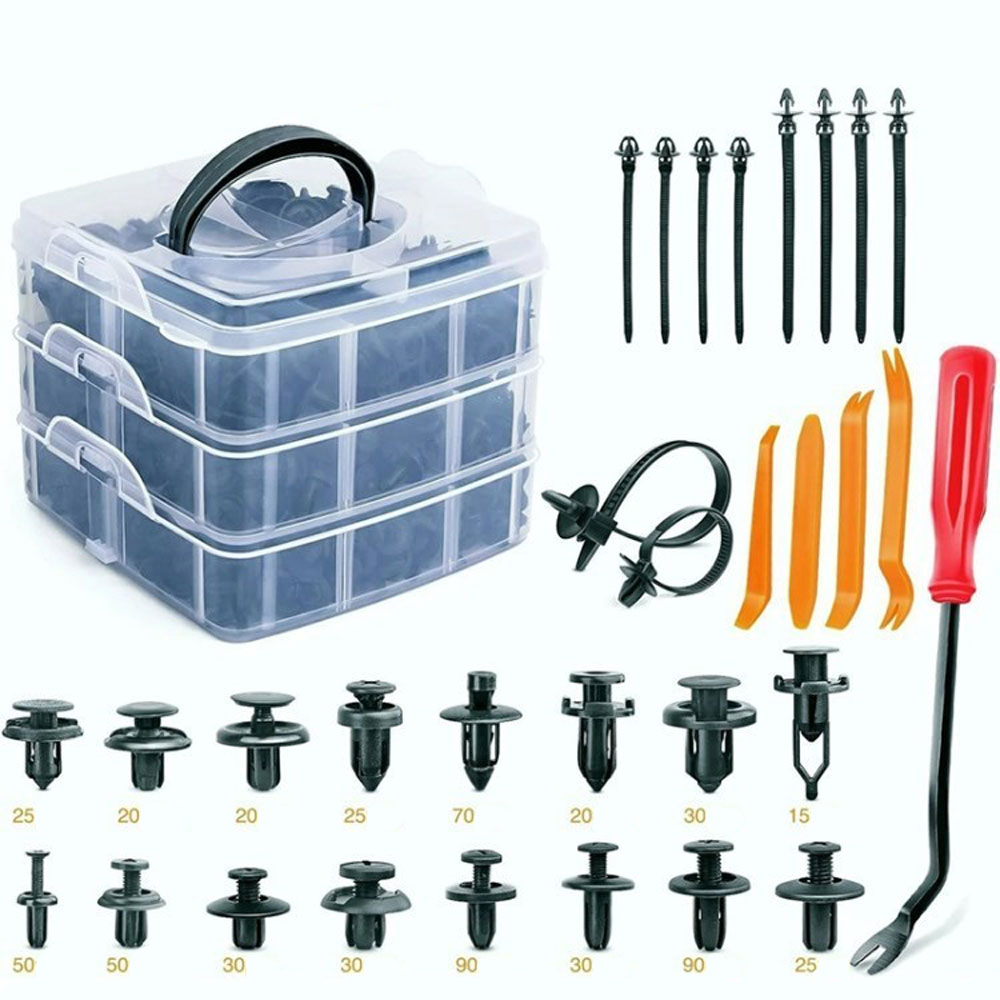 (635-tlg. Set) Auto Retainer Clips Türverkleidungsbefestigung Stossstangen Nieten mit Aufbewahrung und Hebelwerkzeug - Schwarz