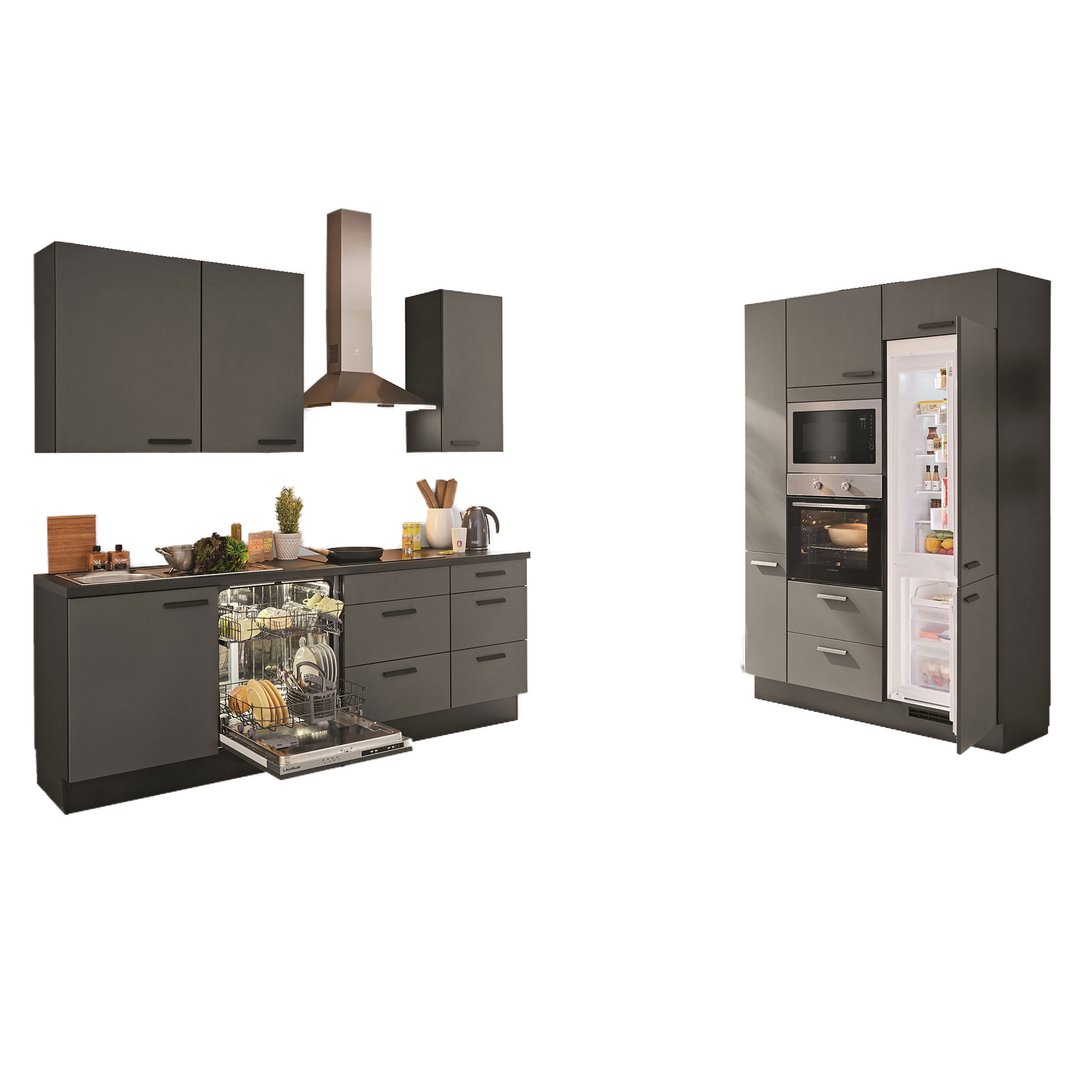 nobilia Küchenblock TOUCH - Lacklaminat schiefergrau - schwarz matt - Kühlschrank rechts - 310 cm