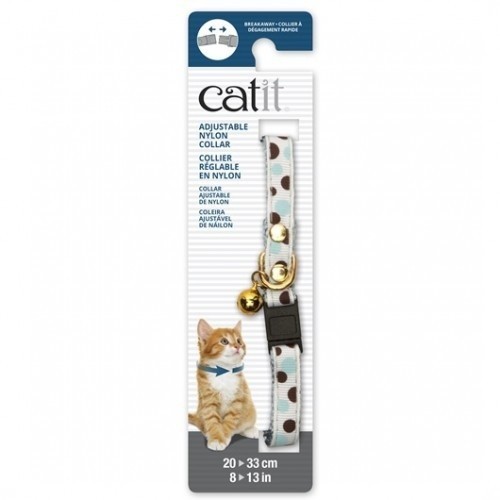 Coleira de nylon com sino para gatos, branca com bolinhas.