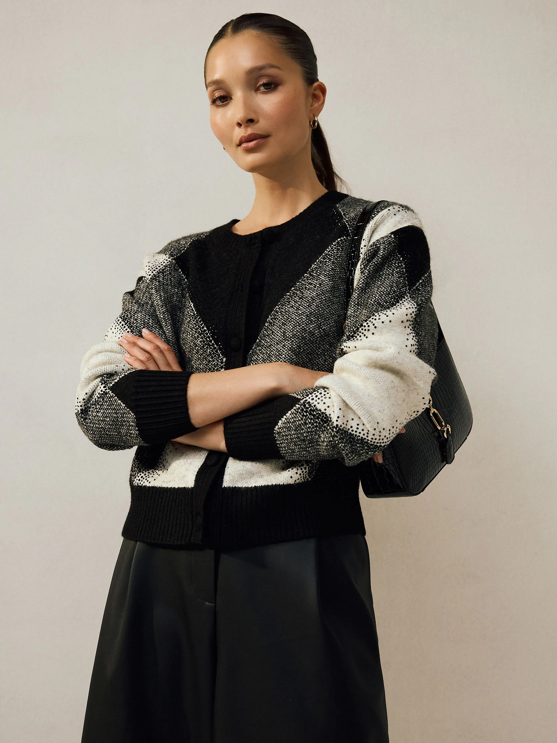 Zwart/wit - Sparkle Argyle Embellished Cardigan With Wool