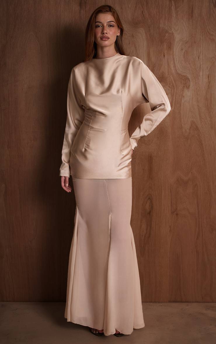Champagne Robe Longue Plt Label En Satin Col Montant Avec Jupe Sirène En Mousseline