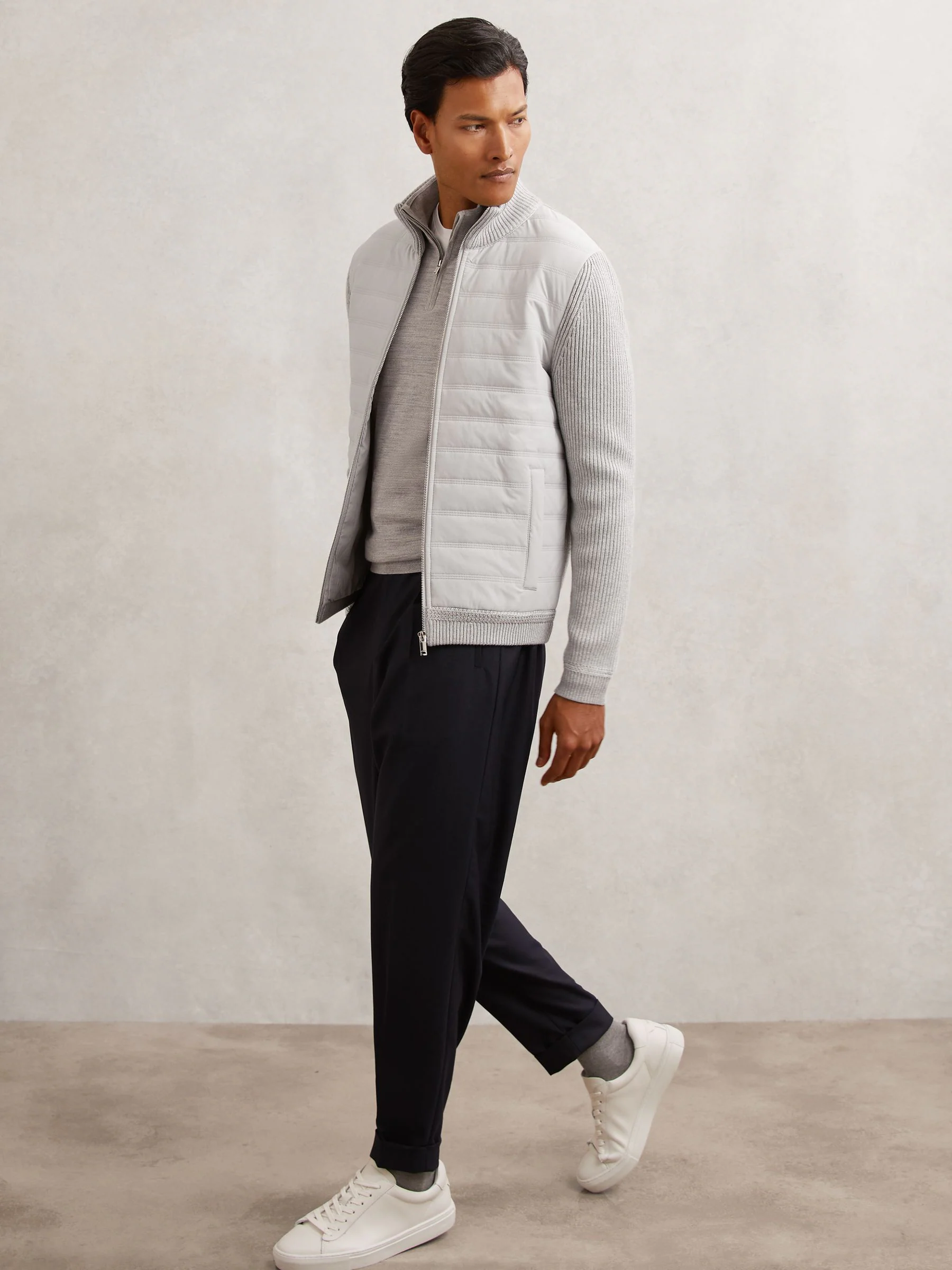 Zachtgrijs - Reiss Townsend Quilted Rib-Knit Funnel-Neck Jacket