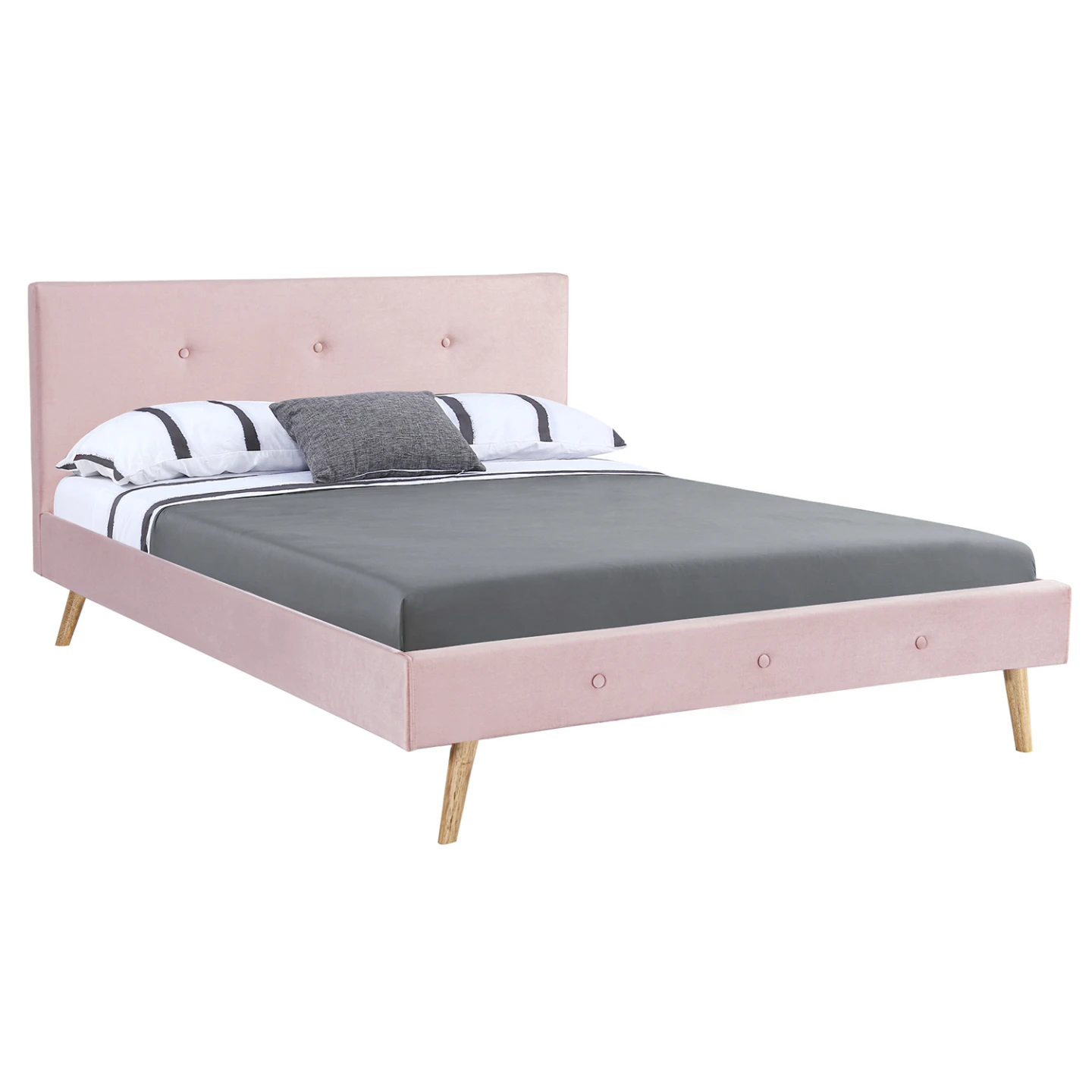 Lit double scandinave OSLO avec tête de lit et sommier 140 x 190 cm tissu rose clair effet velours