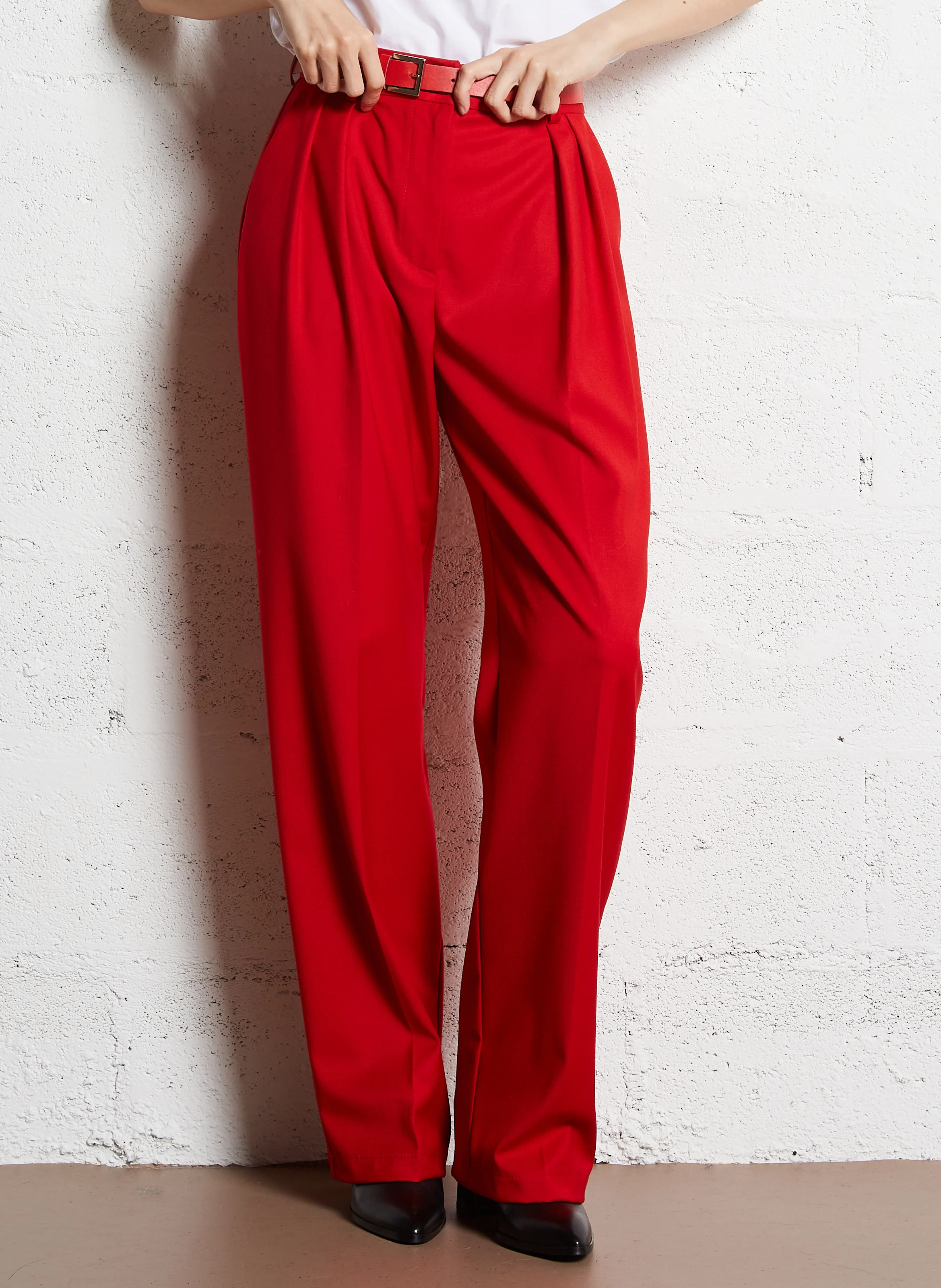 Pantalon droit à ceinture| Rouge